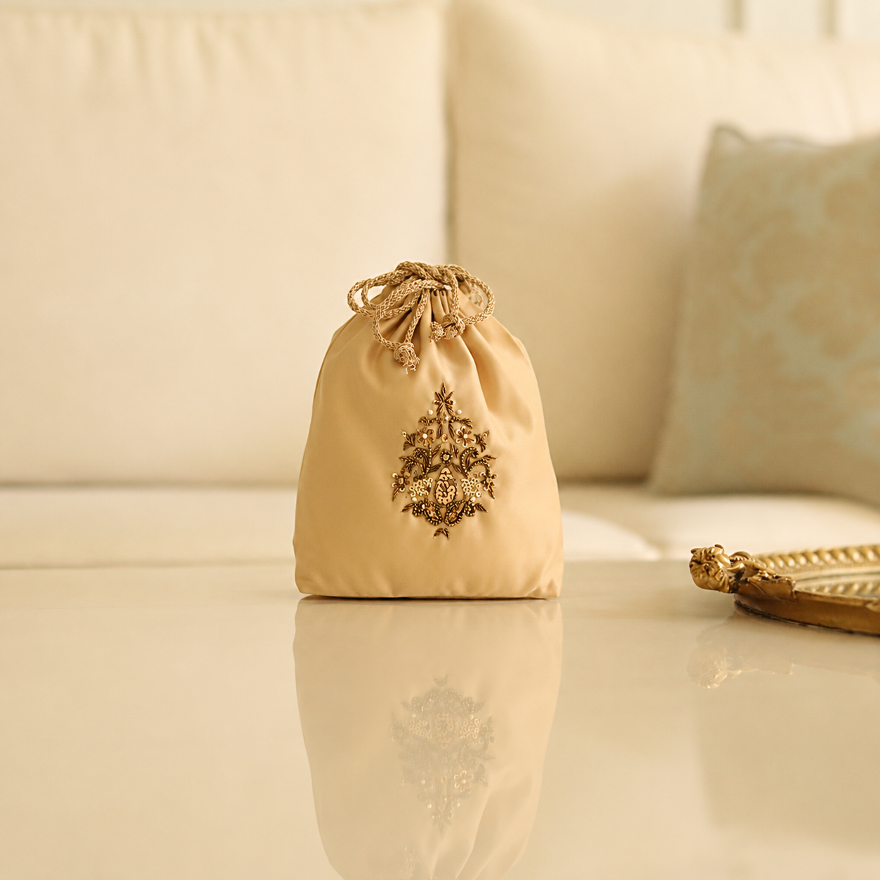 Inayaa – Champagne Gold Hand-Embroidered Zardozi Potli Bag