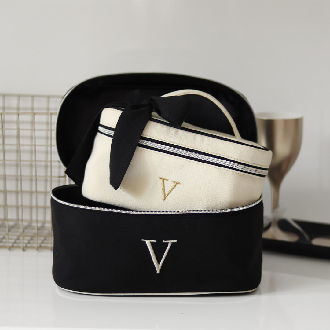 Personalise Upto 3 Alphabets Set of 2 Personalised Luxury Crème & Black Cosmetic & Toiletry Bag