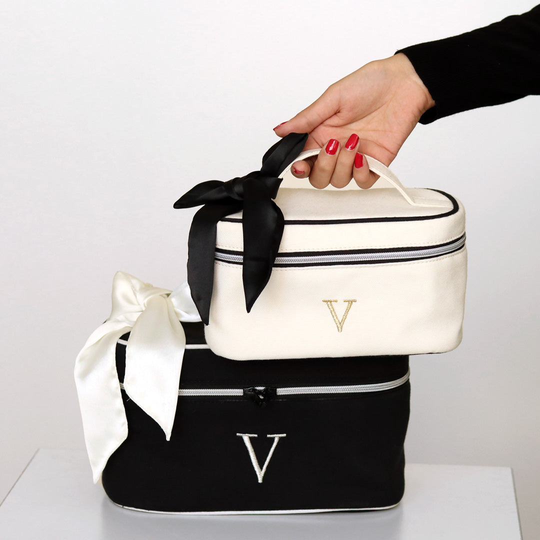 Personalise Upto 3 Alphabets Set of 2 Personalised Luxury Crème & Black Cosmetic & Toiletry Bag