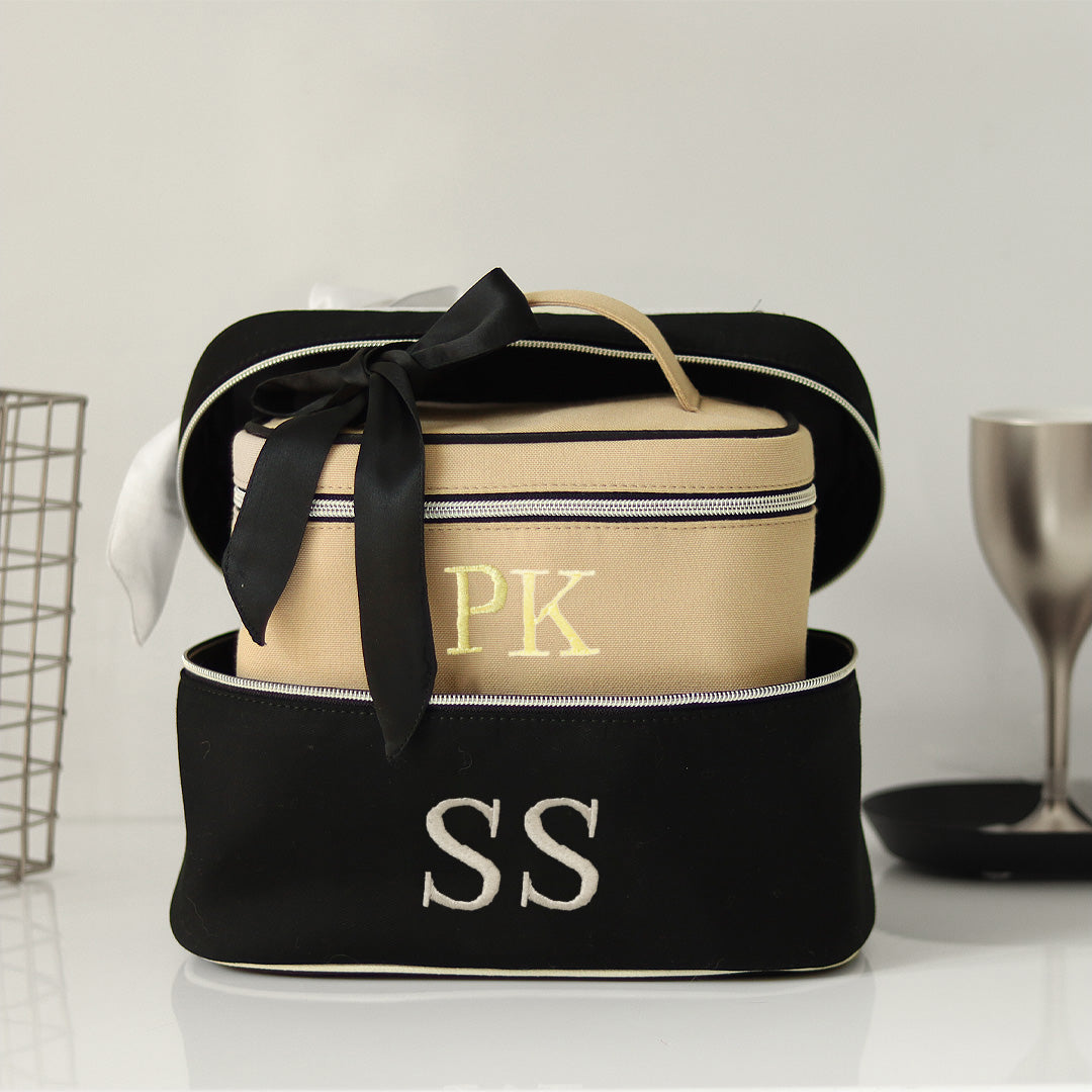 Personalise Upto 3 Alphabets Set of 2 Personalised Luxury Black & Beige Cosmetic & Toiletry Bag