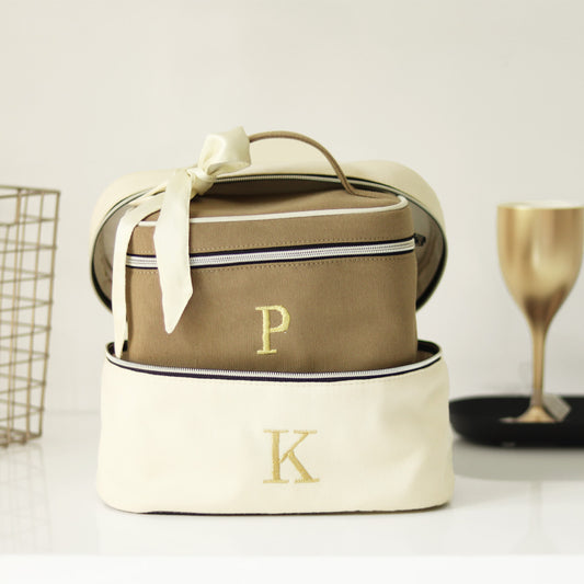 Personalise Upto 3 Alphabets Set of 2 Personalised Luxury White & Caramel Cosmetic & Toiletry Bag