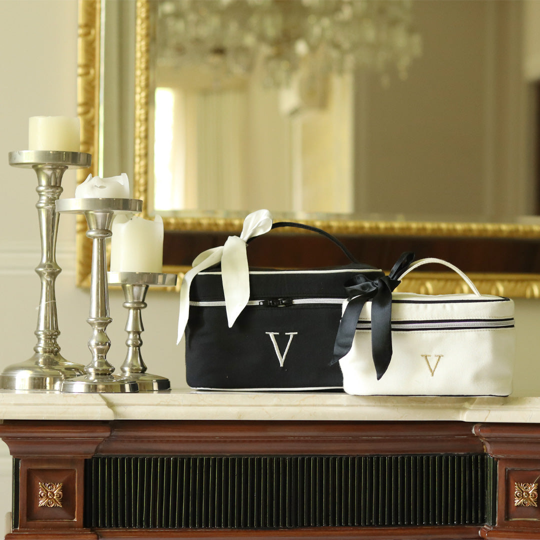 Personalise Upto 3 Alphabets Set of 2 Personalised Luxury Crème & Black Cosmetic & Toiletry Bag