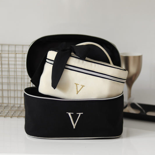 Set of 2 Personalised Luxury white & Black Cosmetic & Toiletry Bag