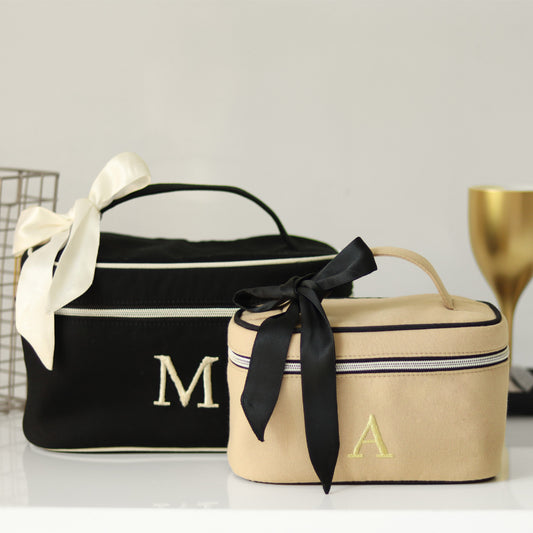 Limited edition NEW Set of 2 Personalised Luxury Black & Beige Cosmetic & Toiletry Bag