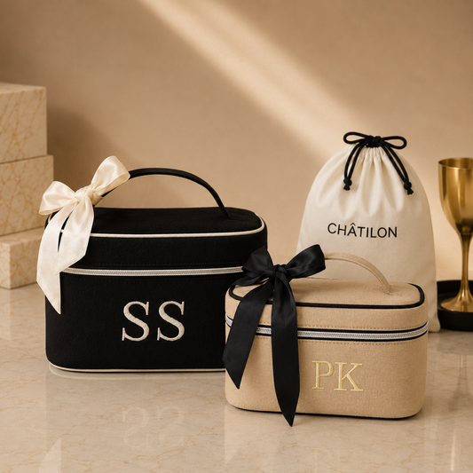 Personalise Upto 3 Alphabets Set of 2 Personalised Luxury Black & Beige Cosmetic & Toiletry Bag
