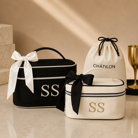 Personalise Upto 3 Alphabets Set of 2 Personalised Luxury Crème & Black Cosmetic & Toiletry Bag