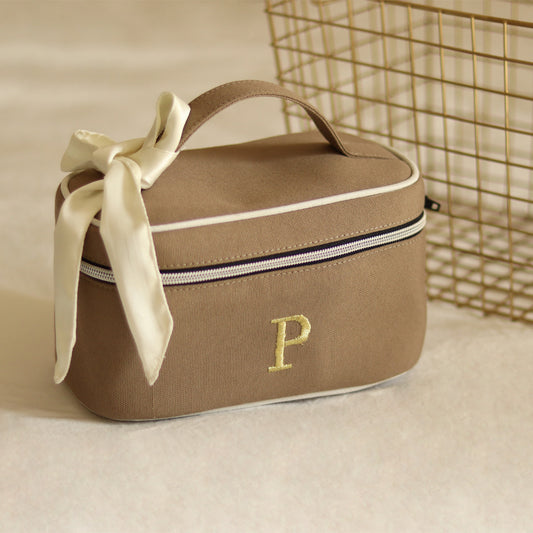 Limited edition NEW Set of 2 Personalised Luxury Camel & white Cosmetic & Toiletry Bag