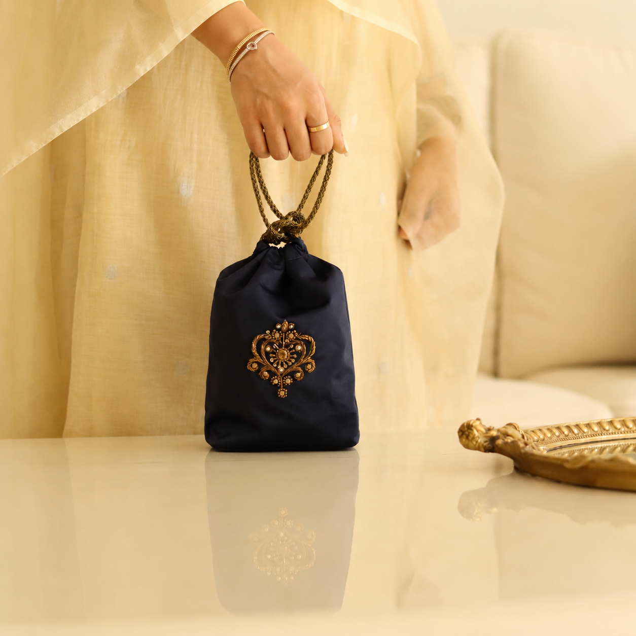Noor – Navy Hand-Embroidered Zardozi Potli Bag