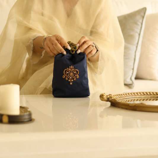 Noor – Navy Hand-Embroidered Zardozi Potli Bag