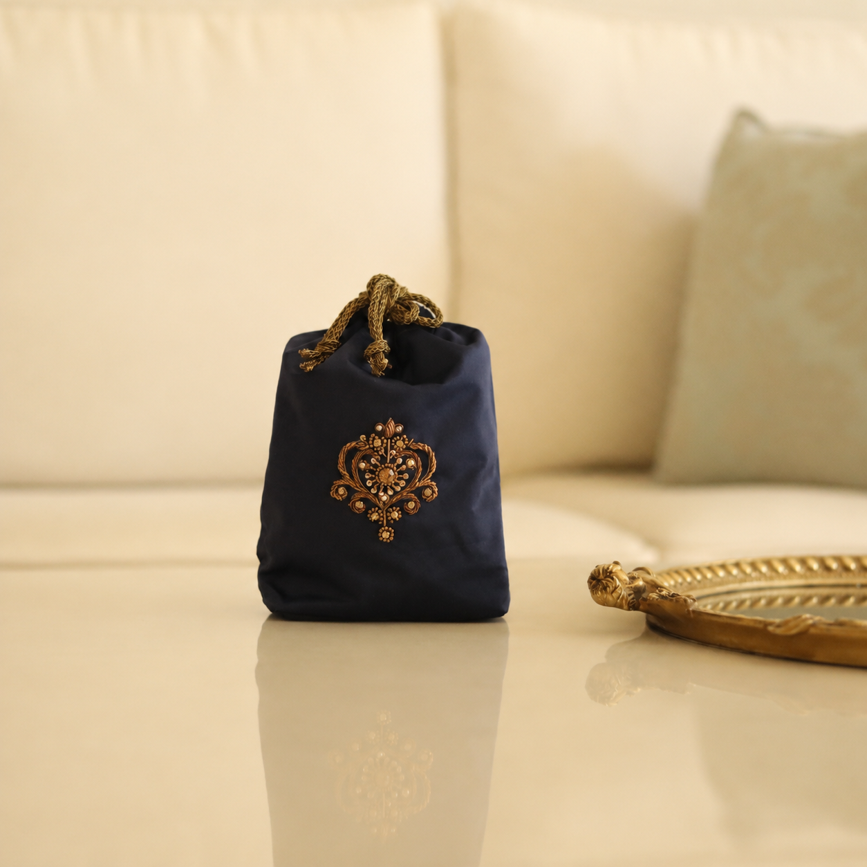 Noor – Navy Hand-Embroidered Zardozi Potli Bag