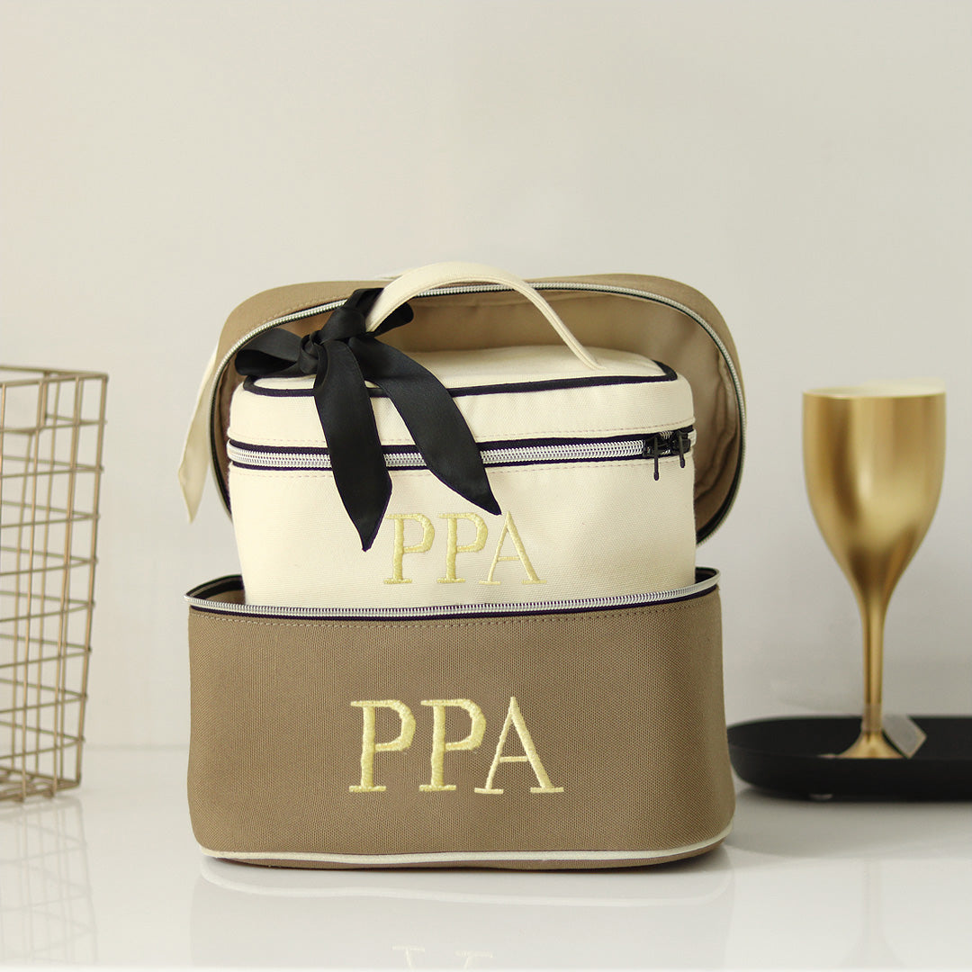 Personalise Upto 3 Alphabets Set of 2 Personalised Luxury White & Caramel Cosmetic & Toiletry Bag