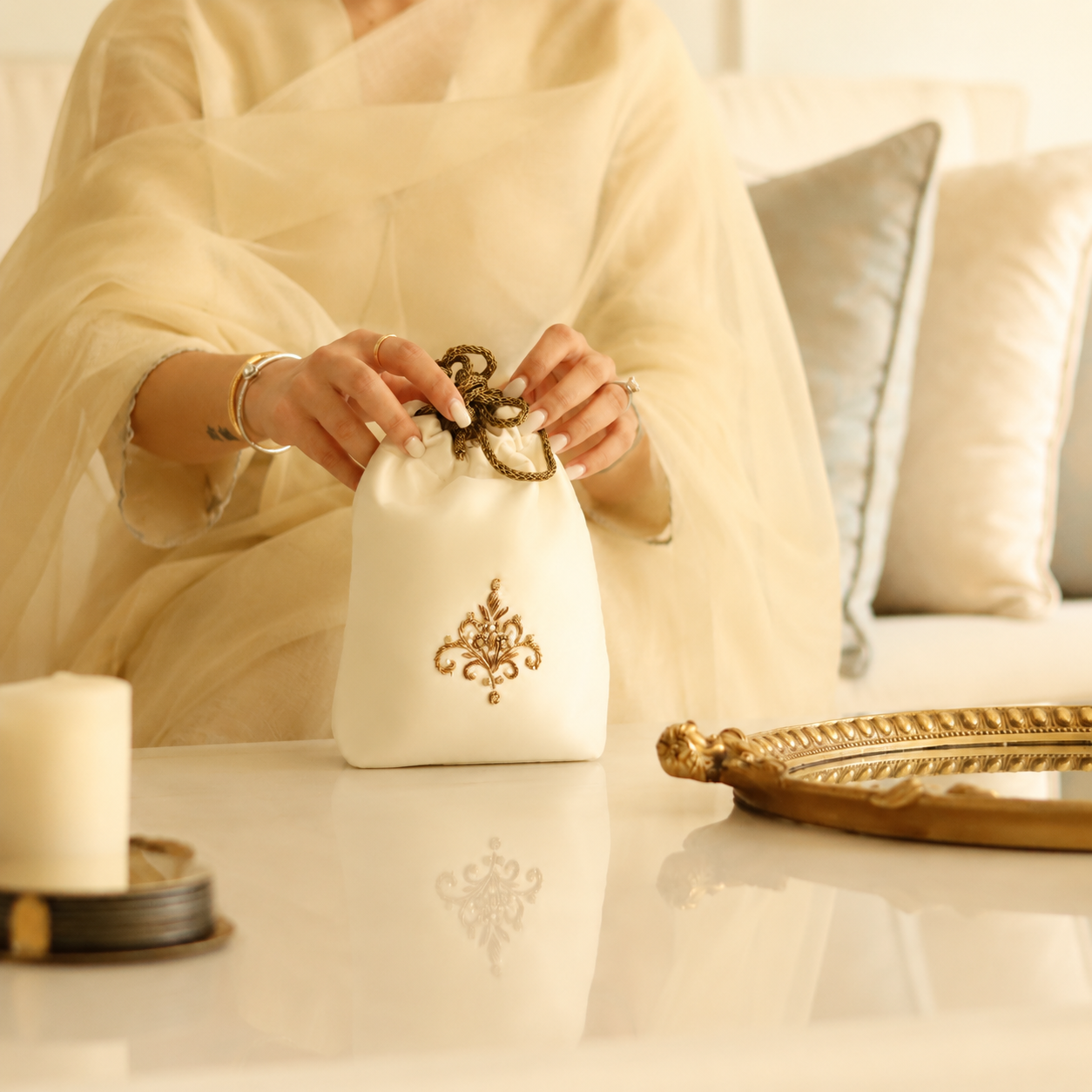 Seher – Ivory Hand-Embroidered Zardozi Potli Bag