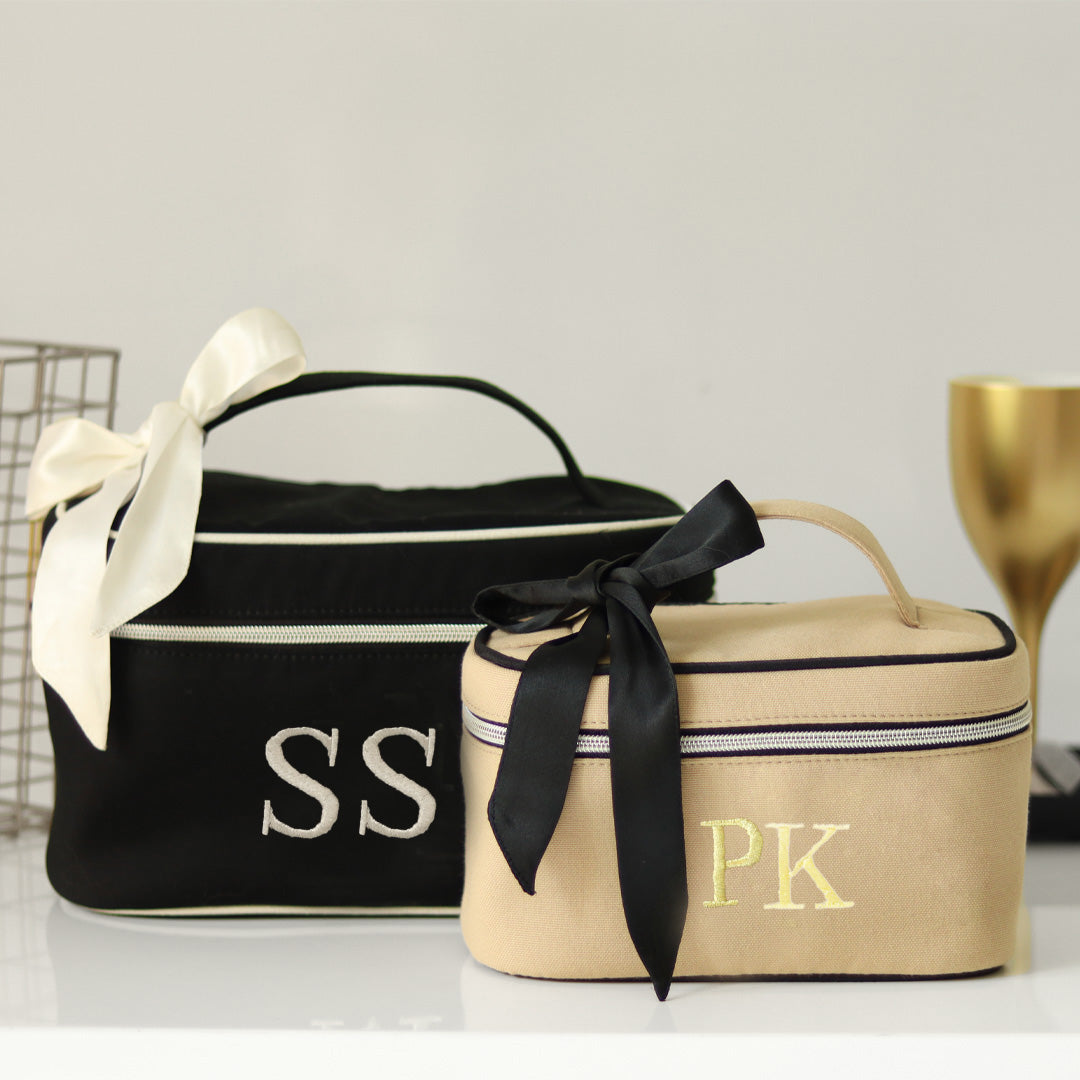 Personalise Upto 3 Alphabets Set of 2 Personalised Luxury Black & Beige Cosmetic & Toiletry Bag