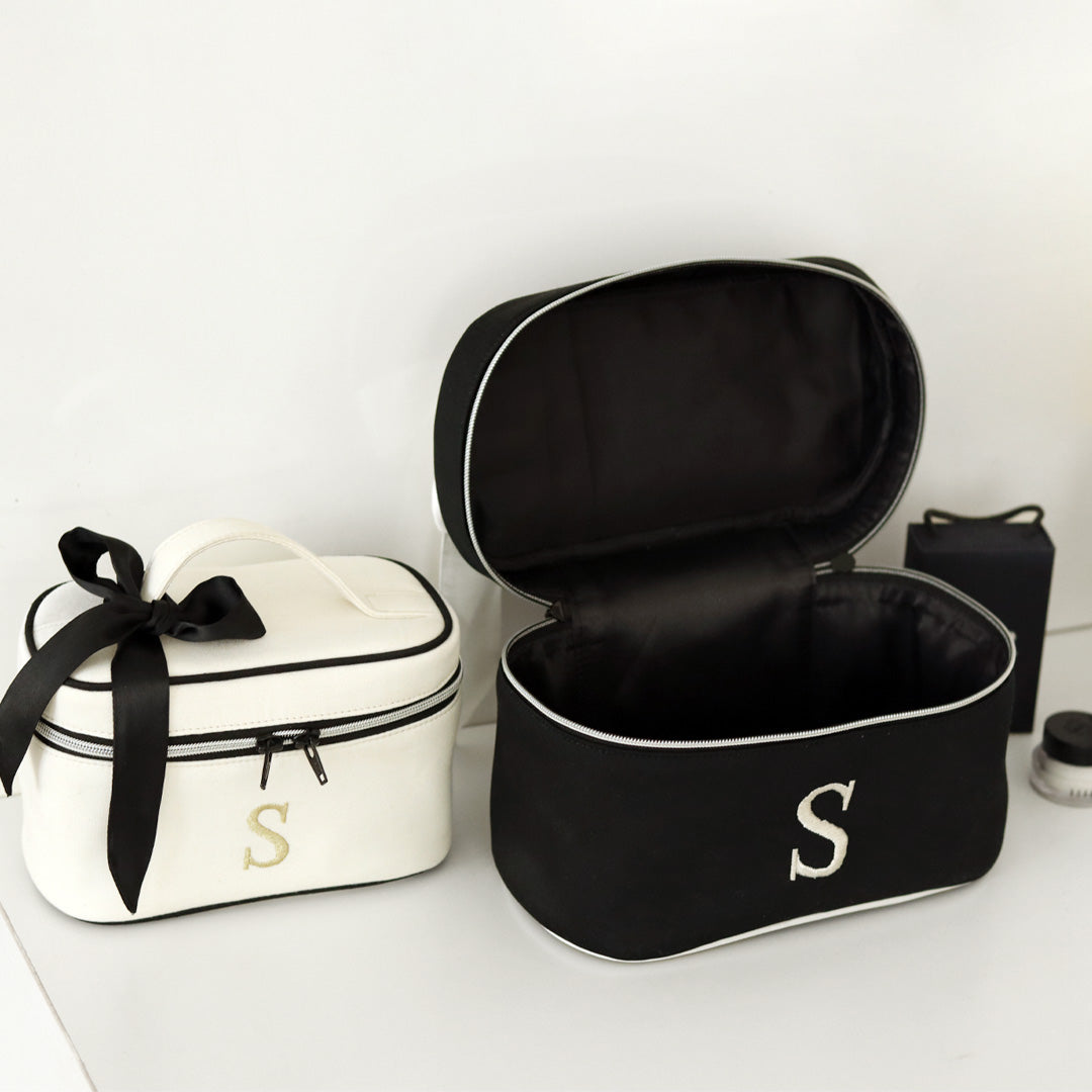 Personalise Upto 3 Alphabets Set of 2 Personalised Luxury Crème & Black Cosmetic & Toiletry Bag