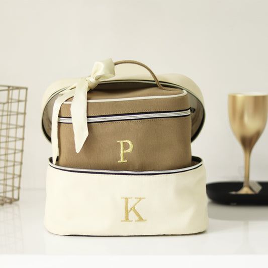 Limited edition NEW Set of 2 Personalised Luxury Camel & white Cosmetic & Toiletry Bag