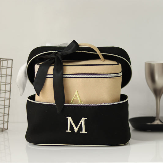 Limited edition NEW Set of 2 Personalised Luxury Black & Beige Cosmetic & Toiletry Bag