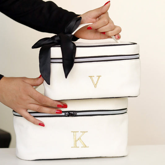 Set of 2 Personalised Luxury White Cosmetic & Toiletry Bag