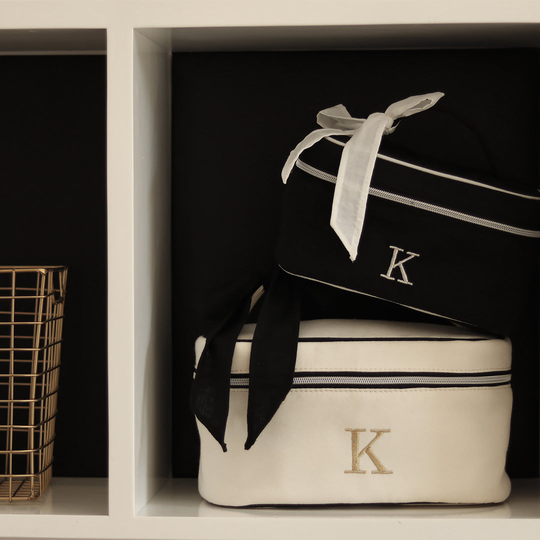 NEW Set of 2 Personalised Luxury Crème & Black Cosmetic & Toiletry Bag